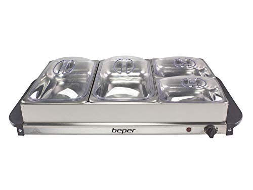 Beper P101TEM001 Calientaplatos de buffet, Acero inoxidable, 4 bandejas extraíbles, Termostato de temperatura, Luz de funcionamiento, Ideal para buffets, áreas de desayuno de hotel, brunch