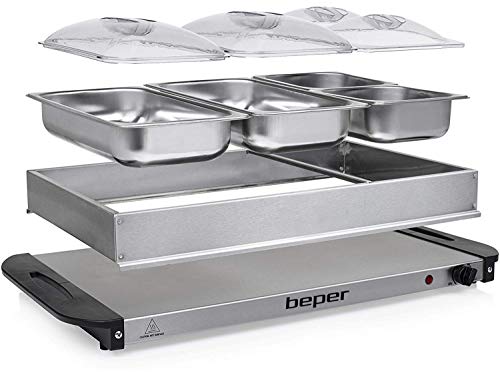 Beper P101TEM001 Calientaplatos de buffet, Acero inoxidable, 4 bandejas extraíbles, Termostato de temperatura, Luz de funcionamiento, Ideal para buffets, áreas de desayuno de hotel, brunch