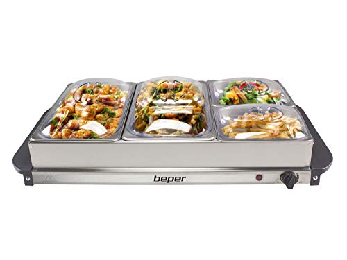 Beper P101TEM001 Calientaplatos de buffet, Acero inoxidable, 4 bandejas extraíbles, Termostato de temperatura, Luz de funcionamiento, Ideal para buffets, áreas de desayuno de hotel, brunch