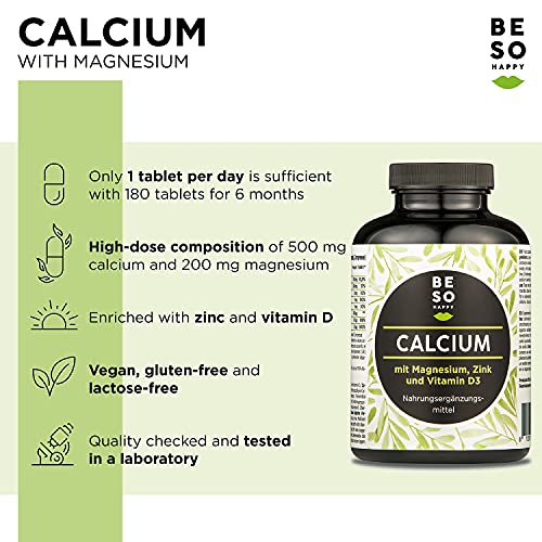BeSoHappy® Calcio con Magnesio, Zinc y Vitamina D (180 comprimidos para 6 meses) De alta calidad – Probado en laboratorio y aprobado en Alemania l Vegetariano, sin gluten ni lactosa
