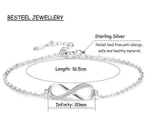Besteel 925 Plata de Ley Pulsera Infinito para Mujeres Cadena Pulsera Amor Tobilleras con Circonita Aniversario de Regalo Plata