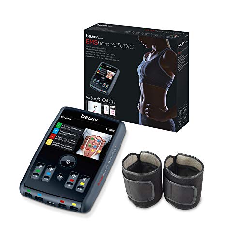 Beurer EMS homeSTUDIO Dispositivo de estimulación muscular, dispositivo de entrenamiento EMS de alta gama para uso doméstico con app y entrenador virtual, incluye manguitos y electrodos