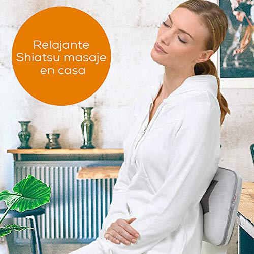 Beurer MG 145 Almohada de masaje Shiatsu con función calor para relajar la musculatura, extra suave y confortable, 4 cabezales de masaje rotatorios, funda lavable, 12 W, Gris