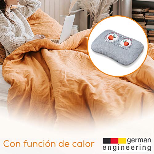 Beurer MG 145 Almohada de masaje Shiatsu con función calor para relajar la musculatura, extra suave y confortable, 4 cabezales de masaje rotatorios, funda lavable, 12 W, Gris