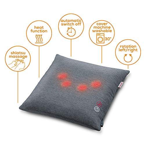 Beurer MG135 - Almohada de masaje Shiatsu con función luz y calor, para nuca, espalda y piernas, 4 cabezales masaje rotatorio, funda lavable, funda 40 x 40 cm, gris