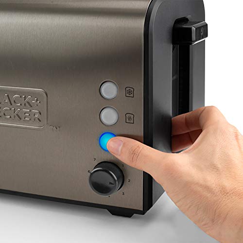 Black+Decker BXTOA900E Tostadora de Pan con 2 Ranuras Extra Anchas, 7 Niveles de Tostado, Sistema de Pinzas extraíbles, Funciones: Stop, Recalentar y Descongelar, 900 W, Acero Inoxidable, INOX