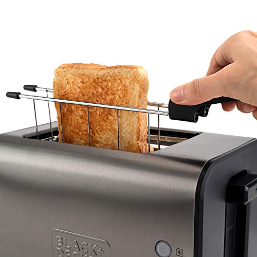 Black+Decker BXTOA900E Tostadora de Pan con 2 Ranuras Extra Anchas, 7 Niveles de Tostado, Sistema de Pinzas extraíbles, Funciones: Stop, Recalentar y Descongelar, 900 W, Acero Inoxidable, INOX