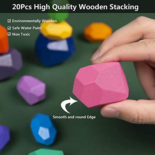 Bloques Equilibrio Madera, Comius Sharp 20 Pcs Juguetes de Apilamiento de Madera, Arco Iris Bloques de Construcción Educación Conjunto Y Apilamiento de Piedras Juego de Estilo Nórdico Montessori