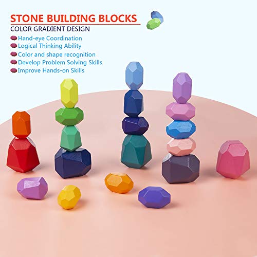 Bloques Equilibrio Madera, Comius Sharp 20 Pcs Juguetes de Apilamiento de Madera, Arco Iris Bloques de Construcción Educación Conjunto Y Apilamiento de Piedras Juego de Estilo Nórdico Montessori