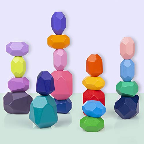 Bloques Equilibrio Madera, Comius Sharp 20 Pcs Juguetes de Apilamiento de Madera, Arco Iris Bloques de Construcción Educación Conjunto Y Apilamiento de Piedras Juego de Estilo Nórdico Montessori