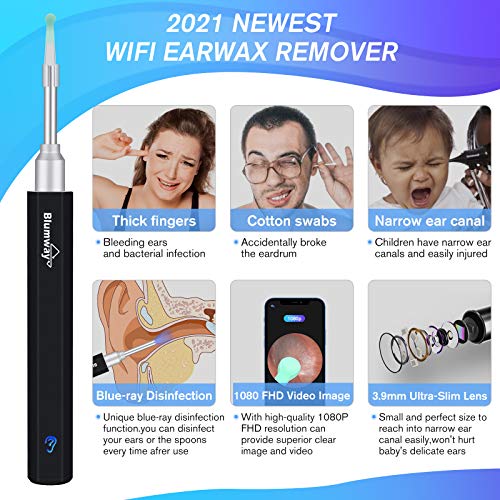 BlumWay WiFi otoscopio de oído 3.5 mm 1080P HD endoscopio de oído limpiador de oído cámara con 6 luces LED, limpiador de oídos removedor de cera para bebés, niños, adultos con iOS, Android (negro)