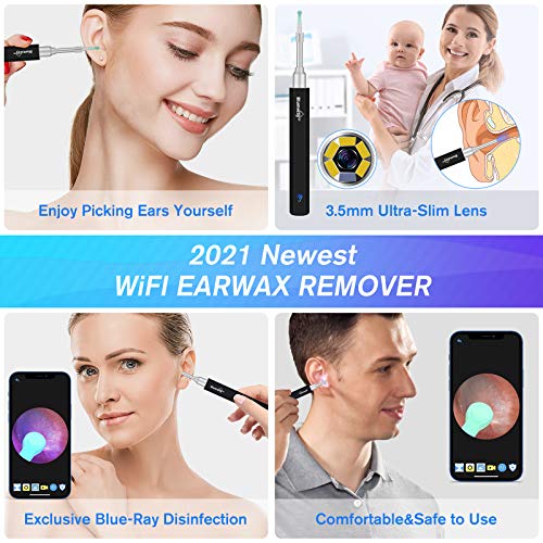 BlumWay WiFi otoscopio de oído 3.5 mm 1080P HD endoscopio de oído limpiador de oído cámara con 6 luces LED, limpiador de oídos removedor de cera para bebés, niños, adultos con iOS, Android (negro)