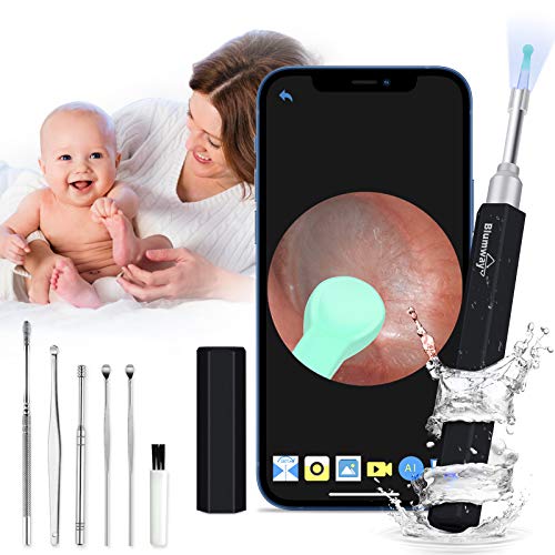 BlumWay WiFi otoscopio de oído 3.5 mm 1080P HD endoscopio de oído limpiador de oído cámara con 6 luces LED, limpiador de oídos removedor de cera para bebés, niños, adultos con iOS, Android (negro)