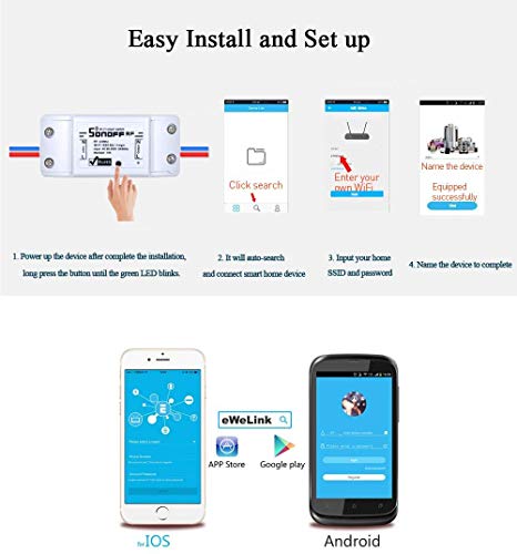 Blxecky Sonoff Interruptor inteligente WiFi con mando a distancia, inalámbrico, temporizador inteligente, control a través de Amazon Echo Alexa, Android IOS App