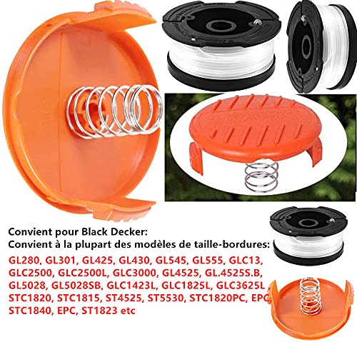 Bobina de hilo cortado con bordes para cortadores Black y Decker, 8 bobinas de hilo desbrozadora con 2 tapas de bobina y 2 muelles, bobinas A6481 A6485 compatible con Black y Decker Af-100