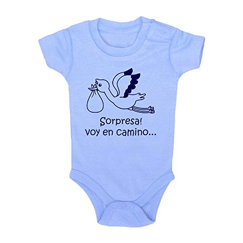 Body bebé Sorpresa, voy en camino. Regalo bebé. Regalos para bebés. Regalo divertido. Regalo original. Bebé friki. Regalo abuelos, regalo tíos. Body bebé algodón. Manga corta. (Azul, 3 meses)