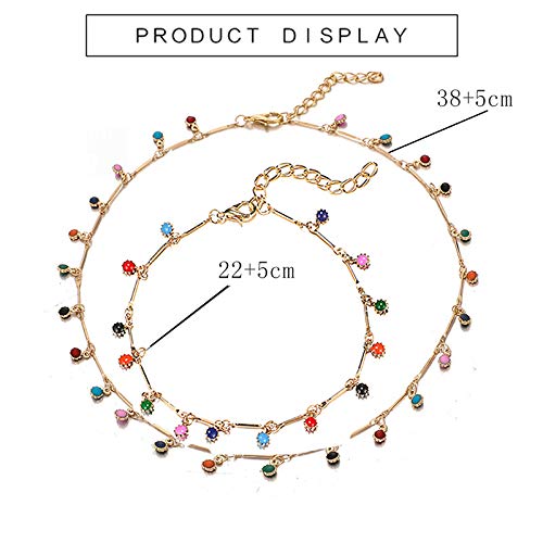 Bohend Boho Playa Tobillera Collar Establecer Oro Tobillo Pulsera Rhinestone Tobilleras Grano Ajustable Cadena de pie Joyería Para Mujeres Y Chicas (2 PCS)