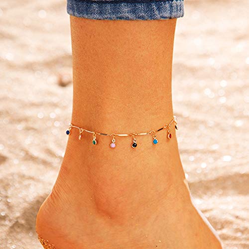 Bohend Boho Playa Tobillera Collar Establecer Oro Tobillo Pulsera Rhinestone Tobilleras Grano Ajustable Cadena de pie Joyería Para Mujeres Y Chicas (2 PCS)