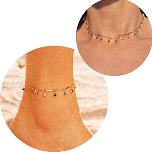 Bohend Boho Playa Tobillera Collar Establecer Oro Tobillo Pulsera Rhinestone Tobilleras Grano Ajustable Cadena de pie Joyería Para Mujeres Y Chicas (2 PCS)