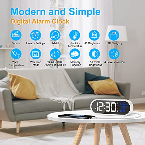 BOKQTTN Reloj Despertador Digital, Despertador Inteligente con Pantalla LED de Temperatura y Humedad, Alarma de Espejo Portátil con Snooze, 4 Volumen Ajustable, 40 Música Despertadores Digitales