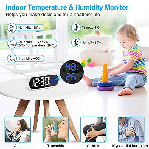 BOKQTTN Reloj Despertador Digital, Despertador Inteligente con Pantalla LED de Temperatura y Humedad, Alarma de Espejo Portátil con Snooze, 4 Volumen Ajustable, 40 Música Despertadores Digitales