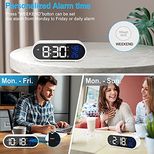 BOKQTTN Reloj Despertador Digital, Despertador Inteligente con Pantalla LED de Temperatura y Humedad, Alarma de Espejo Portátil con Snooze, 4 Volumen Ajustable, 40 Música Despertadores Digitales