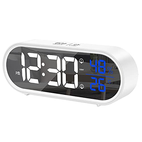 BOKQTTN Reloj Despertador Digital, Despertador Inteligente con Pantalla LED de Temperatura y Humedad, Alarma de Espejo Portátil con Snooze, 4 Volumen Ajustable, 40 Música Despertadores Digitales