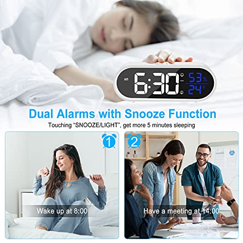 BOKQTTN Reloj Despertador Digital, Despertador Inteligente con Pantalla LED de Temperatura y Humedad, Alarma de Espejo Portátil con Snooze, 4 Volumen Ajustable, 40 Música Despertadores Digitales