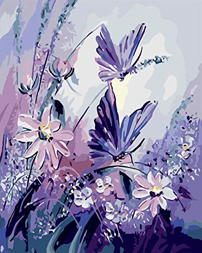 BOSHUN Pintar por Numeros para Adultos Niños Pintura por Números con Pinceles y Pinturas Decoraciones para el Hogar Mariposa con Flor Morada (16 * 20 Pulgadas, Sin Marco)