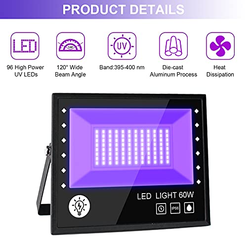 BOSITE 60W LED Luz Negra,Luz Ultravioleta LED Con Enchufe IP66 Impermeable Foco Fluorescente Exterior,Lampara Luz Foco UV Luz Negra para Halloween,Bar,Club,DJ Discoteca,Fiesta,Pinta Corporal