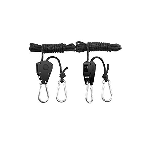 BOSYTRO 4 pares (8 piezas) Rope Ratchet Con Ganchos Trinquete de Cuerda de Suspención 1/8 inch para jardinería jardín Cultivar Hidropónica Colgar Reflectores Filtros de carbón LED Lampe,hasta 68 kg