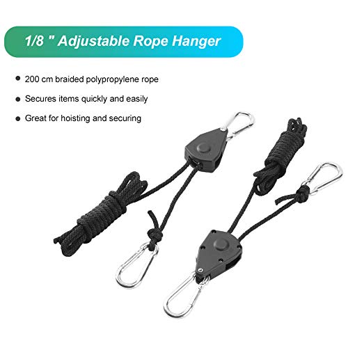 BOSYTRO 4 pares (8 piezas) Rope Ratchet Con Ganchos Trinquete de Cuerda de Suspención 1/8 inch para jardinería jardín Cultivar Hidropónica Colgar Reflectores Filtros de carbón LED Lampe,hasta 68 kg