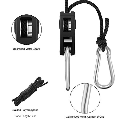 BOSYTRO 4 pares (8 piezas) Rope Ratchet Con Ganchos Trinquete de Cuerda de Suspención 1/8 inch para jardinería jardín Cultivar Hidropónica Colgar Reflectores Filtros de carbón LED Lampe,hasta 68 kg