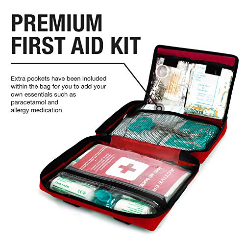 Botiquín de Primeros Auxilios Premium de 220 piezas. Incluye el kit para el lavado de ojos, 2 x Bolsas de Hielo y una Manta de Emergencia. Para el Hogar, Oficina, Coche, Caravana, Viajes y Deportes