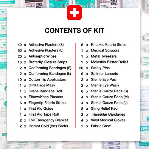 Botiquín de Primeros Auxilios Premium de 220 piezas. Incluye el kit para el lavado de ojos, 2 x Bolsas de Hielo y una Manta de Emergencia. Para el Hogar, Oficina, Coche, Caravana, Viajes y Deportes