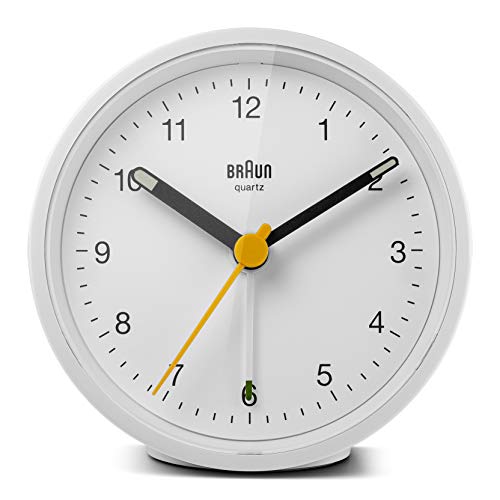 Braun BC-12-W Reloj despertador clásico analógico, alarma creciente, función snooze, luz de fondo, agujas luminosas, segundero amarillo de fácil lectura, color blanco