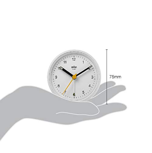 Braun BC-12-W Reloj despertador clásico analógico, alarma creciente, función snooze, luz de fondo, agujas luminosas, segundero amarillo de fácil lectura, color blanco