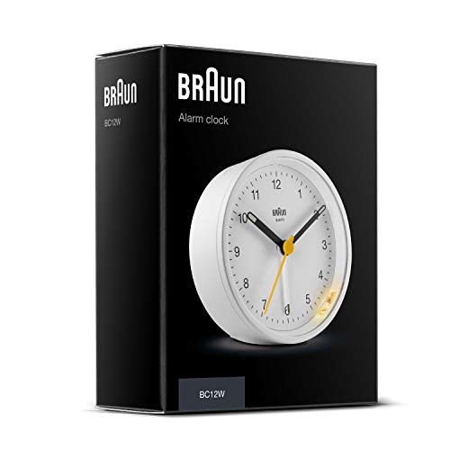 Braun BC-12-W Reloj despertador clásico analógico, alarma creciente, función snooze, luz de fondo, agujas luminosas, segundero amarillo de fácil lectura, color blanco