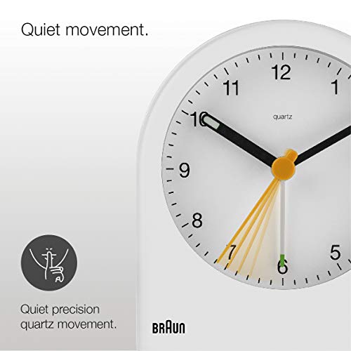 Braun BC-22-W - Reloj despertador clásico analógico, alarma creciente, función snooze, agujas luminosas, movimiento silencioso, color blanco