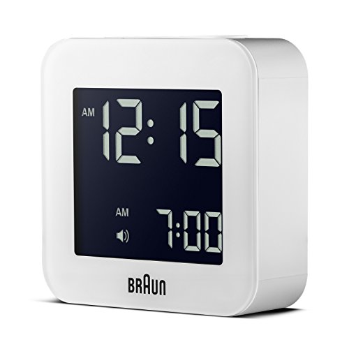 Braun BNC-008-WH Reloj despertador digital de viaje, pantalla LCD de fácil lectura, función snooze, luz de fondo. pantalla de 12 / 24 horas, color blanco