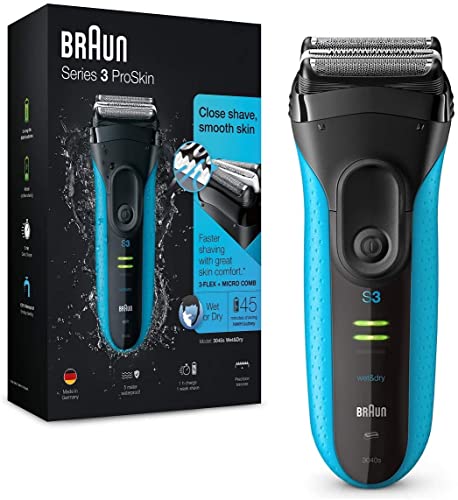 Braun Series 3 Afeitadora Eléctrica Hombre ProSkin, Máquina de Afeitar Barba con Recortadora Extraíble para Uso en Seco y en Mojado, Inalámbrica, Recargable, 3040 S, Azul