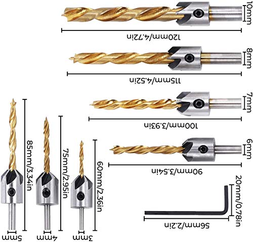 Brocas avellanadoras, avellanadora broca 7 Piezas Brocas de Chaflán de HSS Countersunk Broca Set con Una Llave en l para Perforación de Madera o Chaflán de Carpintería 3-10mm (gold)