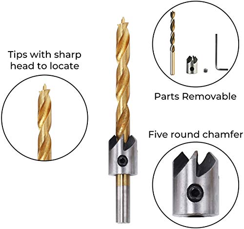 Brocas avellanadoras, avellanadora broca 7 Piezas Brocas de Chaflán de HSS Countersunk Broca Set con Una Llave en l para Perforación de Madera o Chaflán de Carpintería 3-10mm (gold)