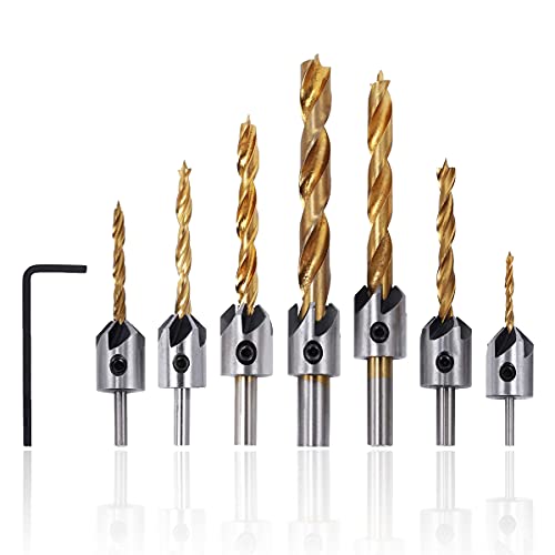 Brocas avellanadoras, avellanadora broca 7 Piezas Brocas de Chaflán de HSS Countersunk Broca Set con Una Llave en l para Perforación de Madera o Chaflán de Carpintería 3-10mm (gold)