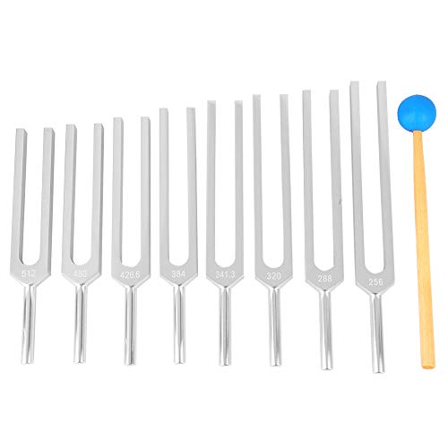 BTER Juego de diapasones, 8 Piezas 256~512Hz Aleación de Aluminio Relajación Profunda Física Diapasones Juego de Caja de Madera, Diseño ergonómico Diapasones Plateados para masajes curativos