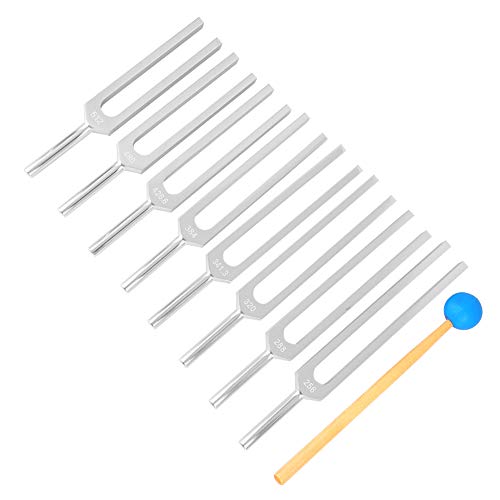 BTER Juego de diapasones, 8 Piezas 256~512Hz Aleación de Aluminio Relajación Profunda Física Diapasones Juego de Caja de Madera, Diseño ergonómico Diapasones Plateados para masajes curativos