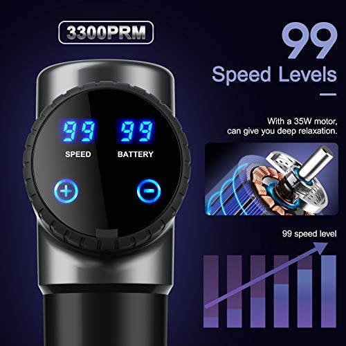 BURNNOVE Pistola de Masaje Masajeador Muscular 99 Velocidad 2800mAh 3300PRM LED Pantalla Táctil Bajo Ruido con 8 Cabezas de Masaje y Bolsa de Almacenamiento