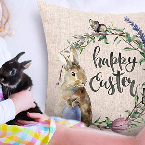 Bzocio Funda de cojín de conejo con funda para cojín y huevo, decoración para sofá, cama o cama de lino