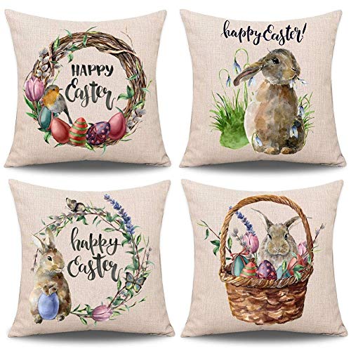 Bzocio Funda de cojín de conejo con funda para cojín y huevo, decoración para sofá, cama o cama de lino