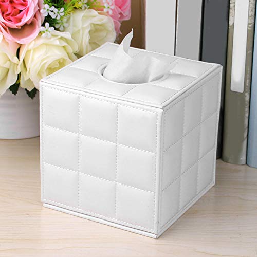 Caja de pañuelos de piel, dispensador de pañuelos de papel cuadrado con tapa inferior, organizador de cosméticos de gran capacidad, para casa, hotel, oficina, cuarto de baño, coche, color blanco